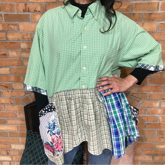 VTG Upcycled Patchwork Art To Wear Plaid Floral Oversized Flowy Tunic Shirt OS - Picture 1 of 13